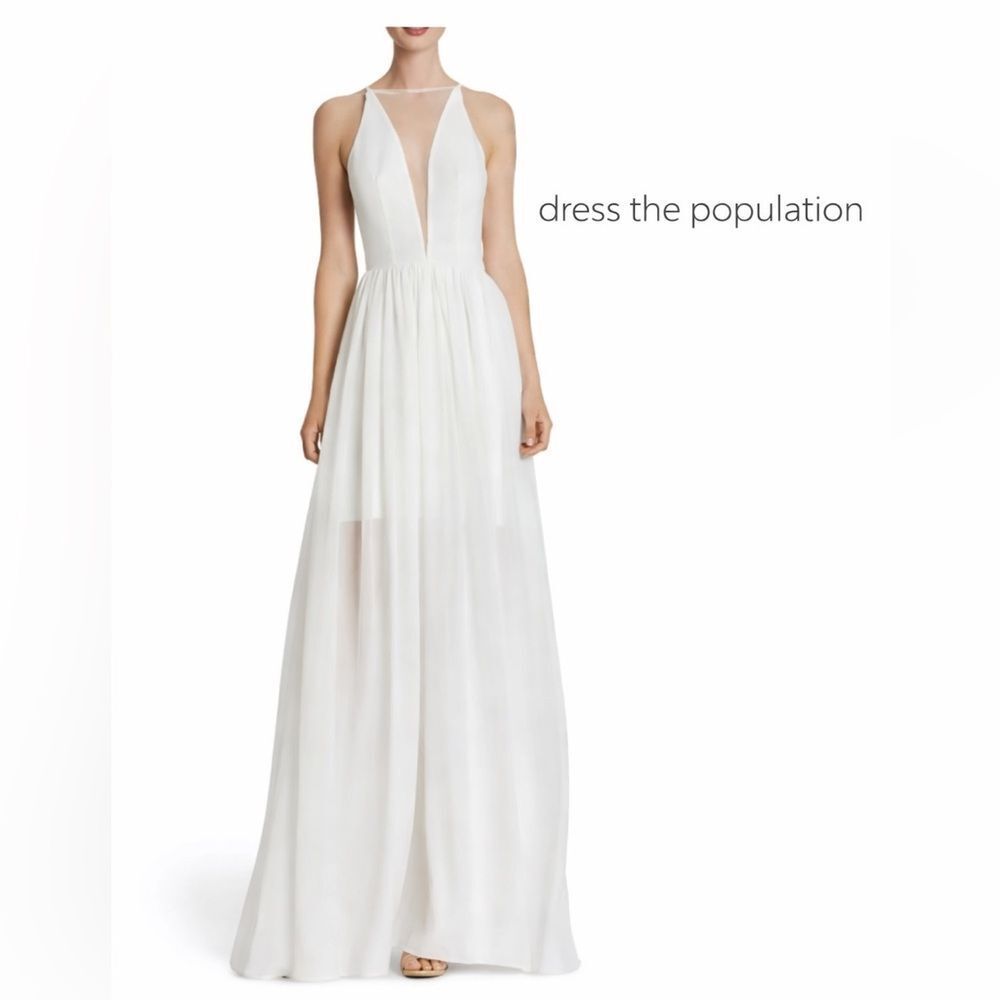Dress the Population “Patricia” Illusion Plunge Cream White Maxi Gown Dress XL